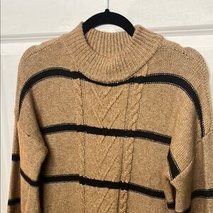 Tan and Black Crewneck Sweater with Cable Knit Pattern
